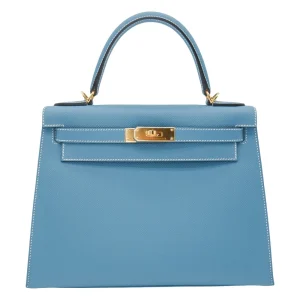 Mirror Quality Hermès Replicas - Kelly 28 Sellier Bleu Jean Epsom Gold HW