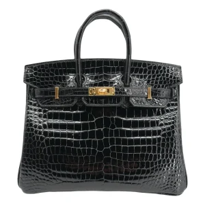 Premium Hermès Replica - Birkin 25 Black Shiny Porosus Crocodile Gold HW
