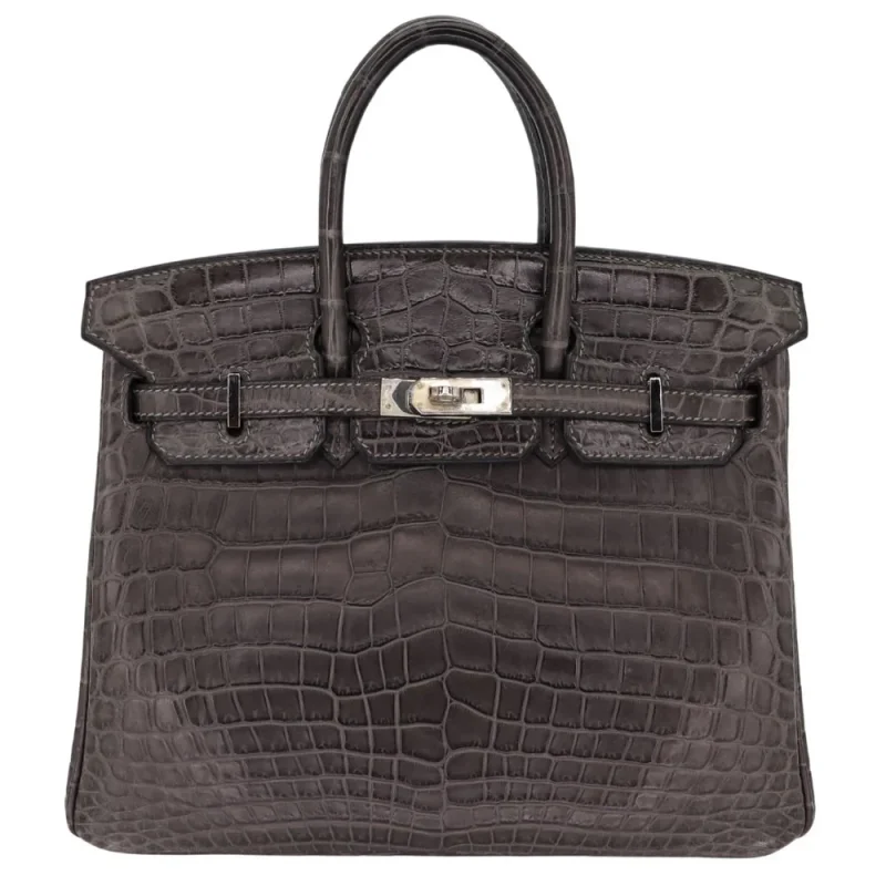 Premium Hermes Replica Birkin 25 Graphite Matte Niloticus Crocodile Palladium HW Front