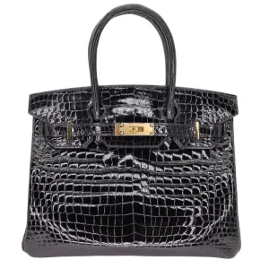 Premium Hermès Replica - Birkin 30 Black Shiny Crocodile Porosus Gold HW