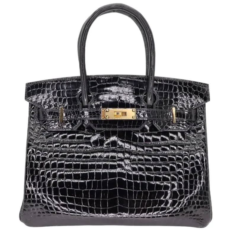Premium Hermès Replica - Birkin 30 Black Shiny Crocodile Porosus Gold HW