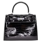 Premium Hermès Replica - Kelly 25 Sellier Black Shiny Niloticus Crocodile Palladium HW