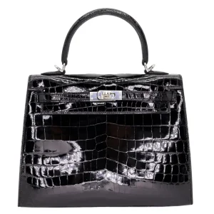 Premium Hermès Replica - Kelly 25 Sellier Black Shiny Niloticus Crocodile Palladium HW