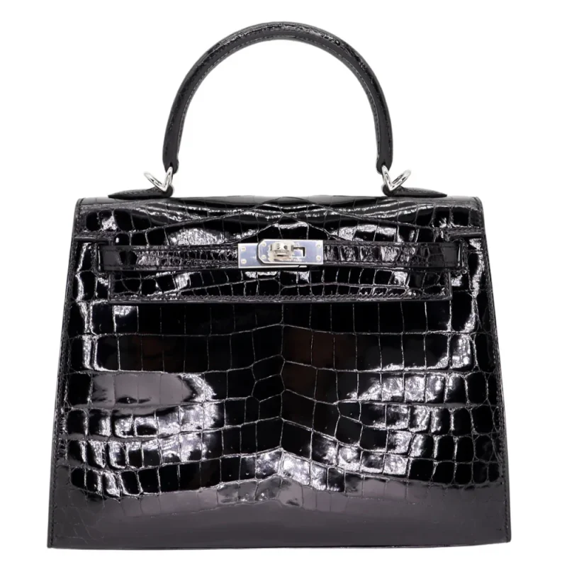 Premium Hermès Replica - Kelly 25 Sellier Black Shiny Niloticus Crocodile Palladium HW