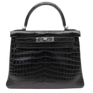 Premium Hermès Replica - Kelly 28 Retourne Black Matte Niloticus Crocodile Palladium HW