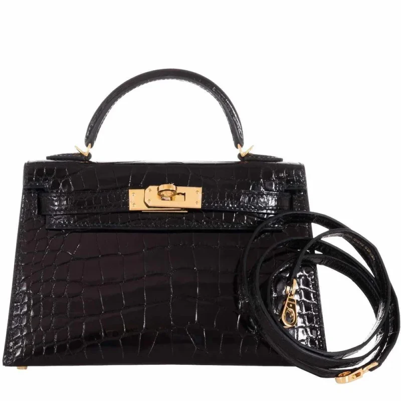 Premium Hermès Replica - Kelly II Sellier Mini Black Shiny Crocodile Gold HW