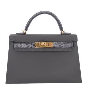 Premium Hermès Replica - Kelly II Sellier Mini Touch Graphite/Ardoise Madame/Shiny Lizard Gold HW